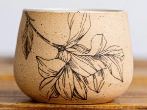Handmade Ceramic Floral Coffee Cup - White and Beige Mug